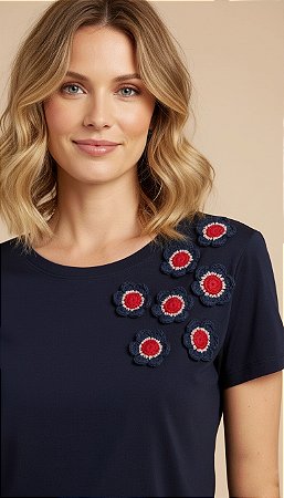 Blusa Feminina Azul Marinho Com Flores em Crochê Viscolycra