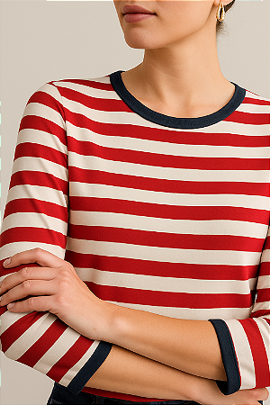 Blusa Feminina Listra Vermelha com Azul Marinho Manga 7/8