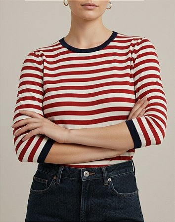 Blusa Feminina Listra Vermelha com Azul Marinho Manga 7/8