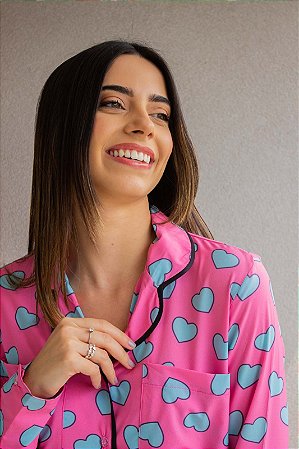 Pijama Chemise Sedinha Pink Corações