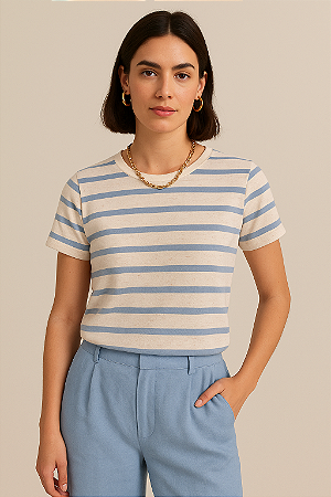 Blusa Feminina Listra Azul Viscolycra Com Linho