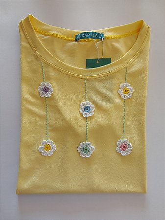 Blusa Feminina Amarela Com Flores em Crochê e Bordado Viscolycra