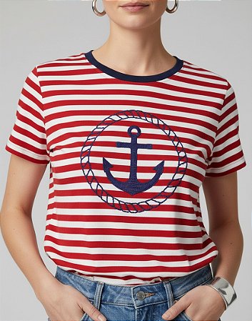 Blusa Feminina Listra Vermelha com Bordado Viscolycra