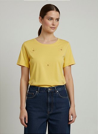Blusa Feminina Algodão Amarela Com Bordado Flor