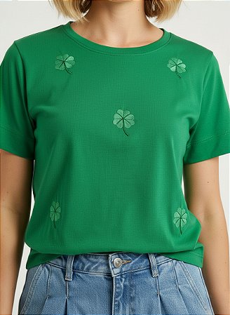 Blusa Feminina Algodão Verde Com Bordado Trevo