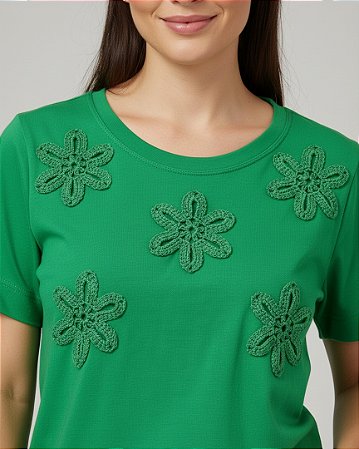 Blusa Feminina Verde Com Flores em Crochê Algodão