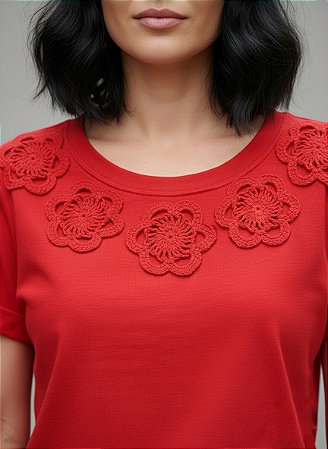 Blusa Feminina Vermelho Com Flores em Crochê Algodão