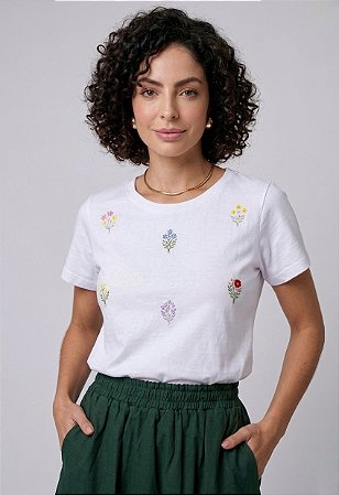 Blusa Feminina Algodão Bordado Ramos Flores