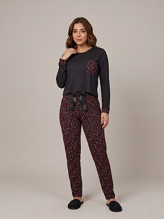 Pijama Malha Cropped Preto e Calça Love
