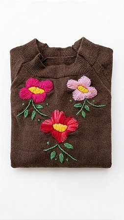 Blusa Tricot Modal Marrom Bordada