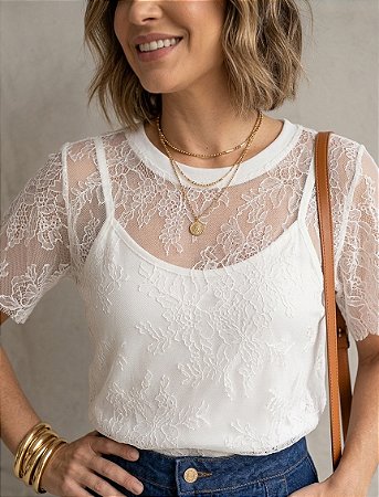 Blusa Feminina Off White Renda Com Regata de Viscolycra