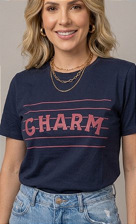 Blusa Feminina Algodão Azul Marinho Com Estampa Charm