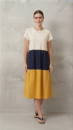 Vestido Midi Tricolor Com Saia de Babados