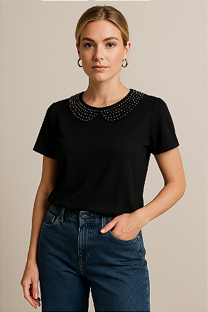 Blusa Feminina Preta Gola Bordada Viscolycra