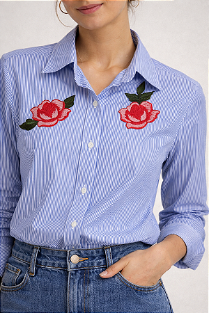 Camisa Listrada Manga Longa Bordada