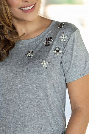 Blusa Feminina Mescla Bordada Frente Lateral Viscolycra
