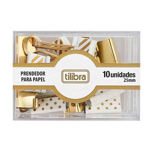 Prendedor De Papel 25mm Dourado, Listras E Bolinhas Com 10 Unidades - 178268 - Tilibra