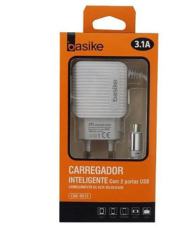 CARREGADOR V8 2 USB 3.1A+CABO BASIKE CAR-9013