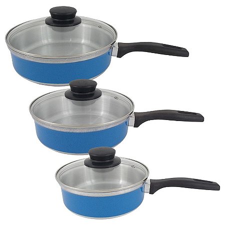 Conjunto de Frigideira de Alumínio N° 18 / 20 / 22 com Tampa de Vidro - Azul