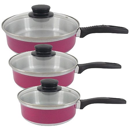 Conjunto de Frigideira de Alumínio N° 18 / 20 / 22 com Tampa de Vidro - Rosa