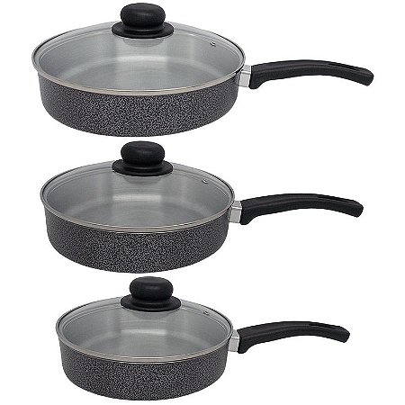 Conjunto de Frigideira de Alumínio N° 20 / 22 / 24 com Tampa de Vidro - Preto