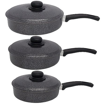 Conjunto de Frigideira de Alumínio N° 20 / 22 / 24 com Tampa de Alumínio - Preto