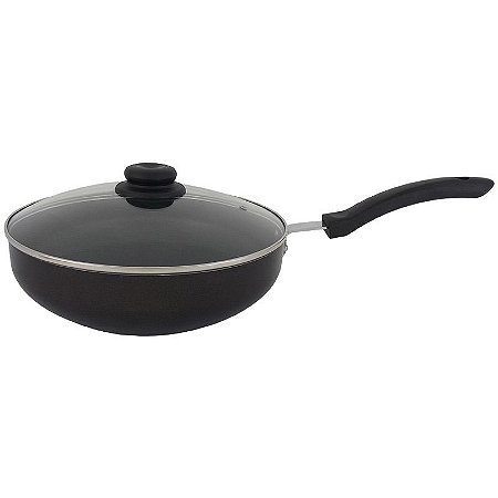 Frigideira de Alumínio Wok N°28 Antiaderente Teflon Tampa de Vidro - Preto