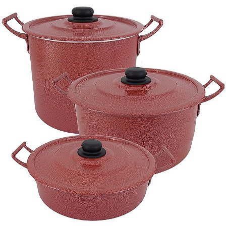 Kit Feijoada de Alumínio 3 Peças com Caldeirão / Panela / Frigideira - Vermelho