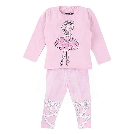 Pijama Blusa Estampa Bailarina + Calça Com Saia Em Tule - Color Mini