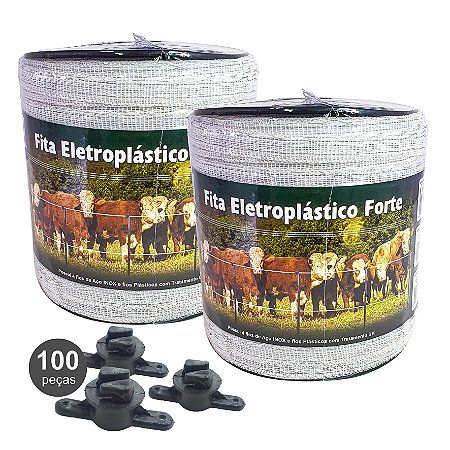 Kit 2 Fita Cerca Elétrica Eletroplastico  200 M + Isolador W 100 Peças