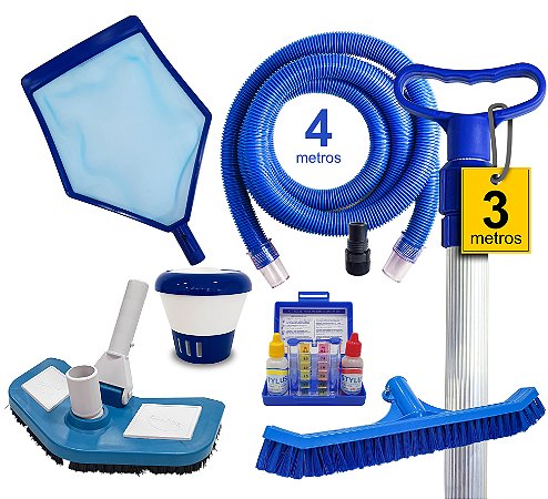 Super Kit Completo Limpeza piscina Cabo 3 metros - Alvenaria, Fibra e Vinil - 4 metros