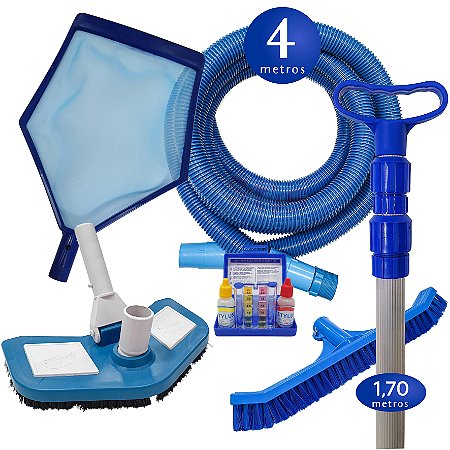 Kit Para Piscinas com Mangueira 4 Metros + Estojo + Esfregão Cabo 1,70