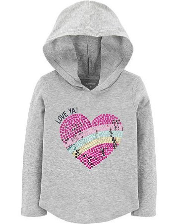 Camiseta Manga Longa com Capuz Coração Paetê