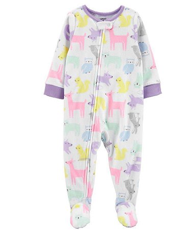 Macacão Flanelado com Pezinho Animais da Floresta