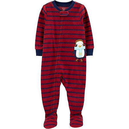 Macacão Flanelado com Pezinho Listrado Pinguim