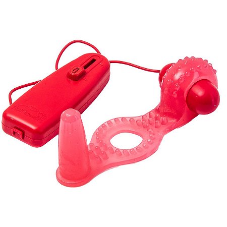 Anel Estimulador Com Plug e Vibrador Vermelho Hot Flowers