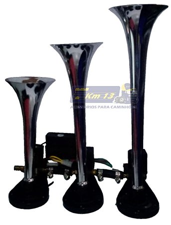 Buzina a ar com suporte e som alternado 3 cornetas cromada 12V