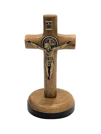 Pedestal Crucifixo para Painel de Carro, em Madeira. Metal Ouro Velho. 7cm