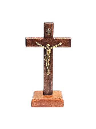 Crucifixo de Mesa em Madeira. Cristo em Metal. Peça em Verniz. 12cm