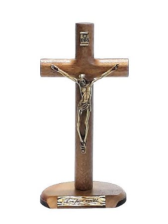 Crucifixo de Mesa. Cilíndrico, Madeira, Metal Ouro Velho. 17cm. Foi Por Você