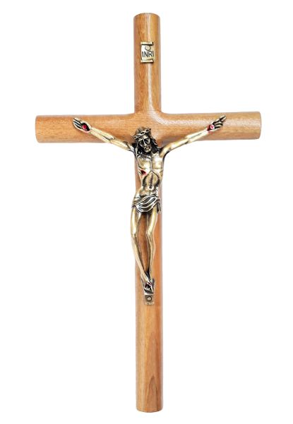 Crucifixo de Parede. Cilíndrico, Madeira, Metal Ouro Velho. 26cm