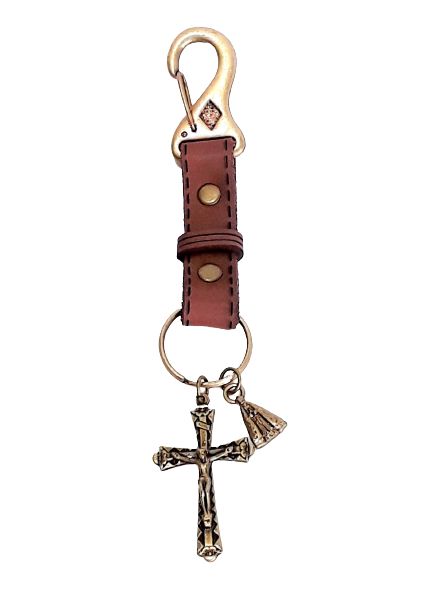 Chaveiro Religioso de Couro, Crucifixo e N.S. Aparecida. Metal Ouro Velho. Cor Marrom. 15cm