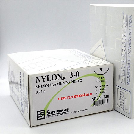 FIO SUTURA NYLON MONOFIL PRETO 3-0 C/ AGULHA 3/8 CIRC TRIANG 3,0 cm
