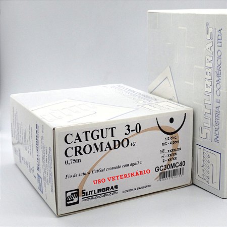 FIO SUTURA CATGUT CROMADO 3-0 C/ AGULHA 1/2 CIRC CILIND 4,0 cm