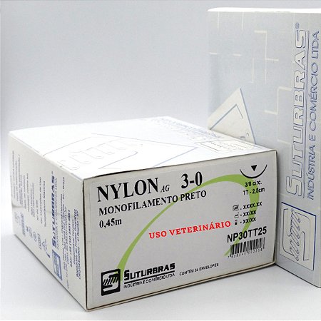 FIO SUTURA NYLON MONOFIL PRETO 3-0 C/ AGULHA 3/8 CIRC TRIANG 2,5 cm