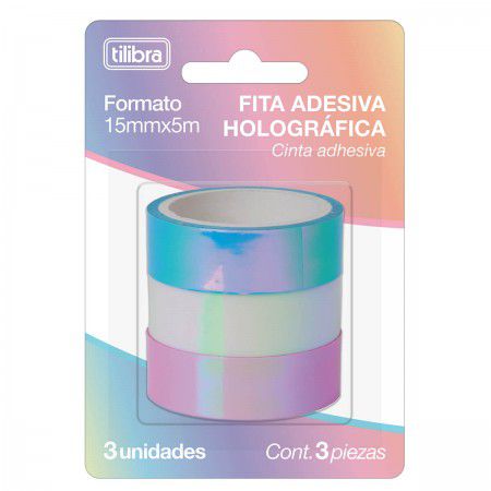 Fita Adesiva TILIBRA Washi Tape 15mm x 5m - Holográfica c/ 3 Unidades