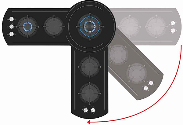 Cooktop  á gás Rota 151 cm, 5 queimadores profissionais a gás em alumínio pyral, design angular, com queimador triplo de 3.500 W, Tecno - 220V