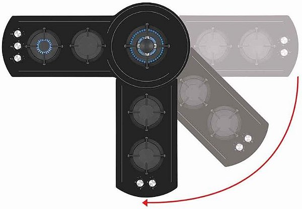 Cooktop 151cm, rotacional para montagem em ângulo de 90 à 270°, 5 queimadores profissionais SABAF sendo 1 Dual Flame de 3500W, 220V