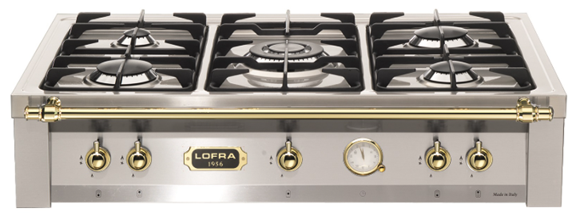 Rangetop inox escovado 90 cm, de embutir, 5 queimadores profissionais a gás, manípulos e varão em latão polido, Lofra Dolcevita- 220V