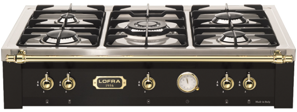 Rangetop Preto Fosco 90 cm, de embutir, 5 queimadores profissionais a gás, manípulos e varão em latão polido, Lofra Dolcevita- 220V